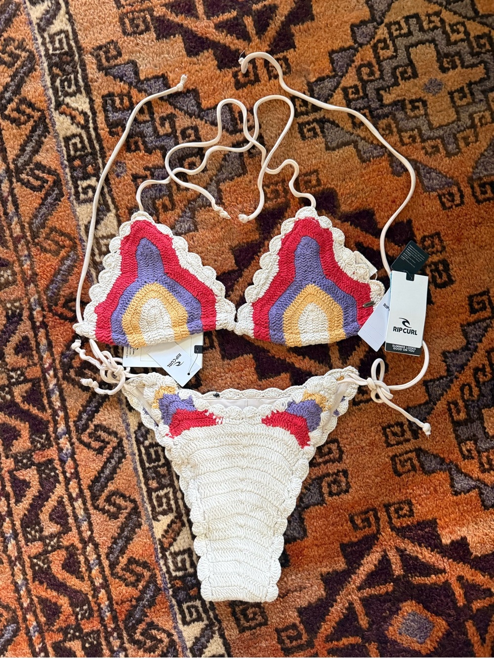 NWT Rip Curl Crochet Triangle Bikini Set - Cream, Red, Purple & Yellow Small